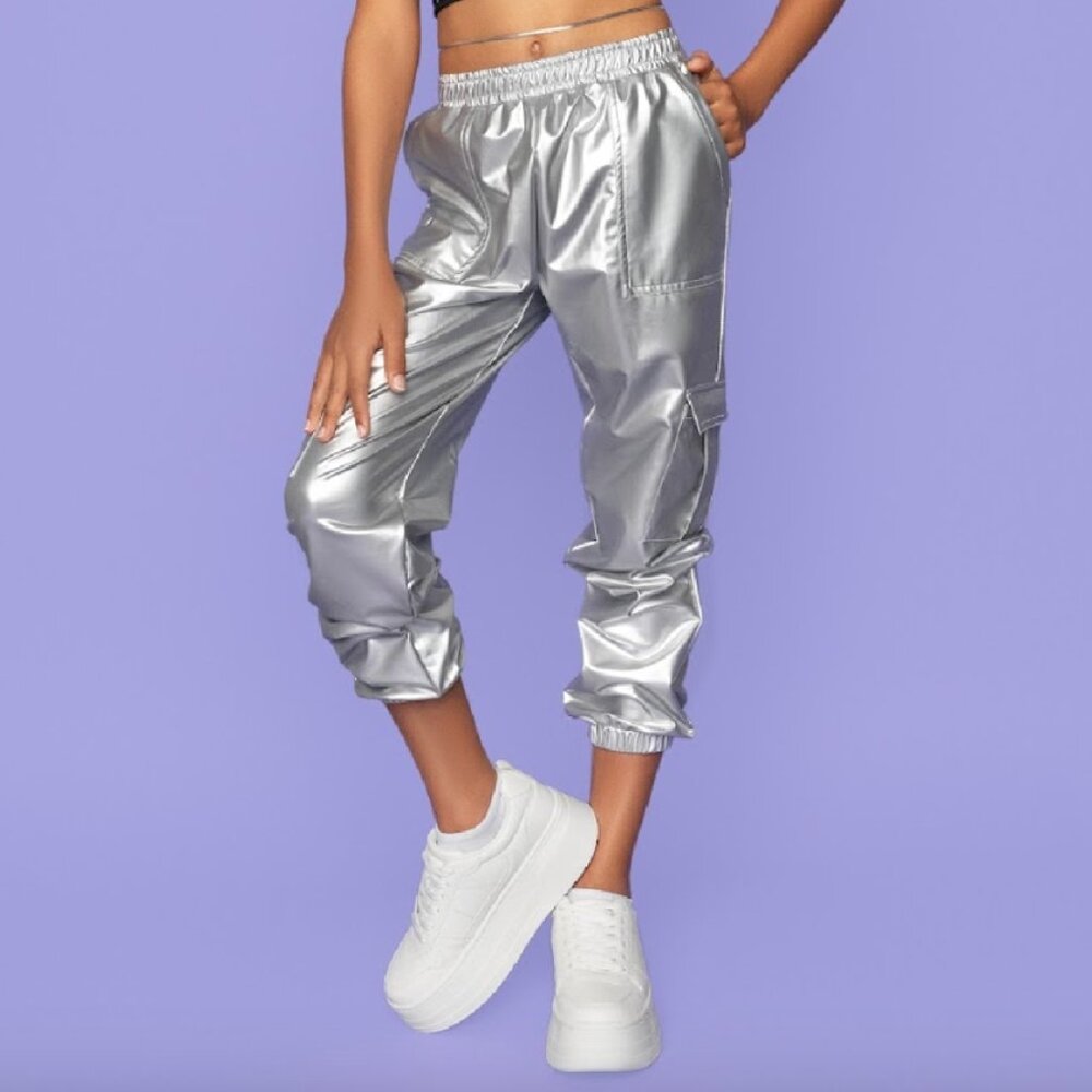 MIA New York Silver Vegan Leather Track Pant